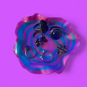 Colorful Ring Set on Pink and Blue Dish